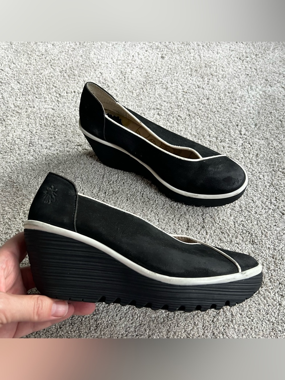 Fly London Yuca Size 37 Black Nubuck Leather Wedge Platform Pumps White Trim